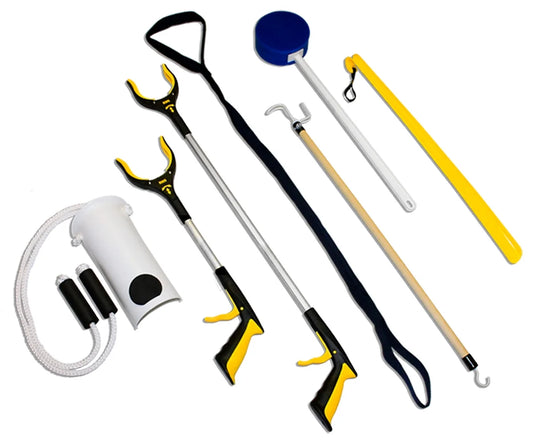 7-Piece Hip Knee Replacement Kit with Leg Lifter, 19 and 32 Inch Rotating Reacher Grabber, Long Handle Shoe Horn, Sock Aid, Dressing Stick, Bath Sponge - Ideal for Knee or Back Surgery Recovery